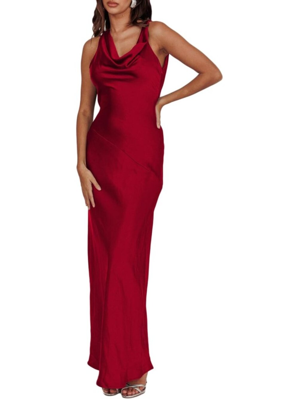 Women's Burgundy Cowl Neck Summer Satin Backless Sleeveless Elegant Maxi Dress